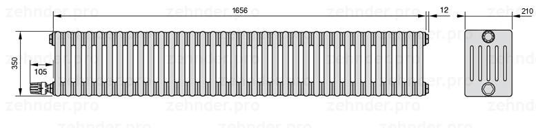 Схема (чертеж) Радиатор Zehnder Charleston 6035/36 №V003 Белый глянцевый RAL 9016